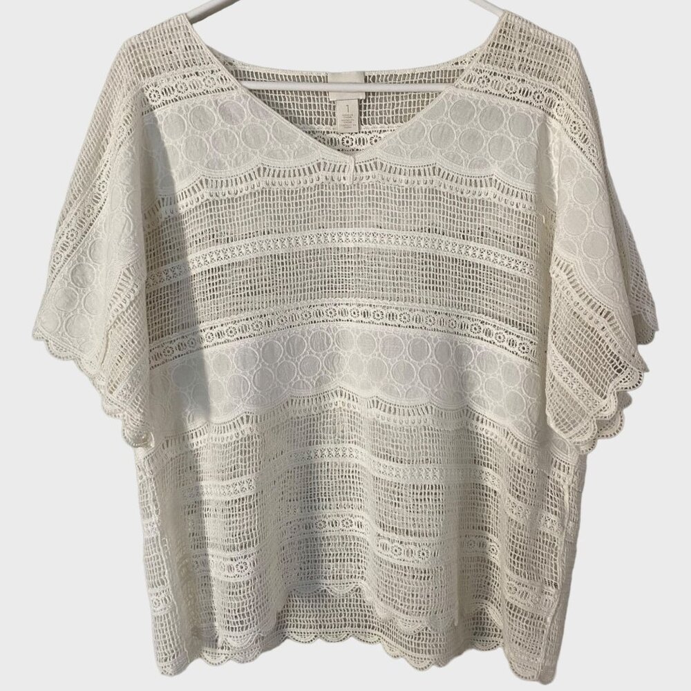 Chico's Lybbie Crochet V-Neck Top Women's Size 1 Cream Semi-Sheer All Over Lace